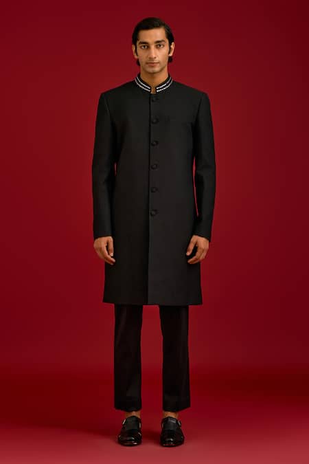 Buy Devnaagri Black Cotton, Silk, Lycra Pintuck Pattern Sherwani And Pant Set Online at Aza Fashions Buy_Devnaagri_Black Cotton, Silk, Lycra Pintuck Pattern Sherwani And Pant Set _Online_at_Aza_Fashions
