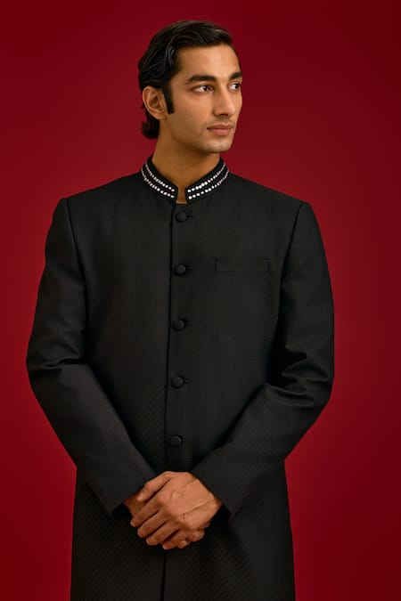 Devnaagri Black Cotton, Silk, Lycra Pintuck Pattern Sherwani And Pant Set at Aza Fashions Devnaagri_Black Cotton, Silk, Lycra Pintuck Pattern Sherwani And Pant Set _at_Aza_Fashions