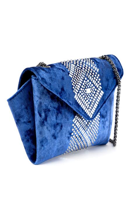 Etcetera_Blue Crystals Origami Velvet Embellished Sling Bag _Online_at_Aza_Fashions