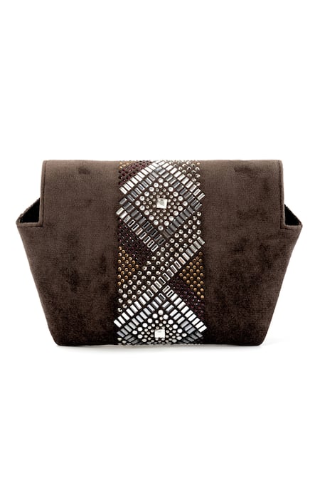 Etcetera_Brown Crystals Origami Velvet Embellished Sling Bag _Online_at_Aza_Fashions