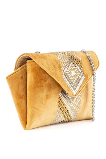 Etcetera_Yellow Crystals Origami Velvet Embellished Sling Bag _Online_at_Aza_Fashions