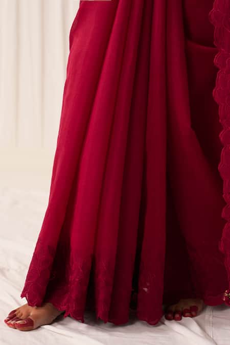 Five Point Five_Maroon Chanderi Embroidery, Cut Work Chameli Weaving Saree With Running Blouse _Online_at_Aza_Fashions