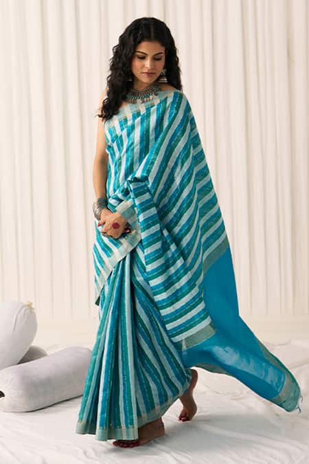 Five Point Five_Blue Tussar Pankti Striped Saree With Running Blouse _Online_at_Aza_Fashions