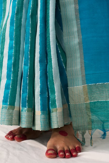 Buy_Five Point Five_Blue Tussar Pankti Striped Saree With Running Blouse _Online_at_Aza_Fashions