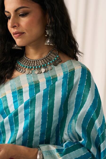 Shop_Five Point Five_Blue Tussar Pankti Striped Saree With Running Blouse _Online_at_Aza_Fashions