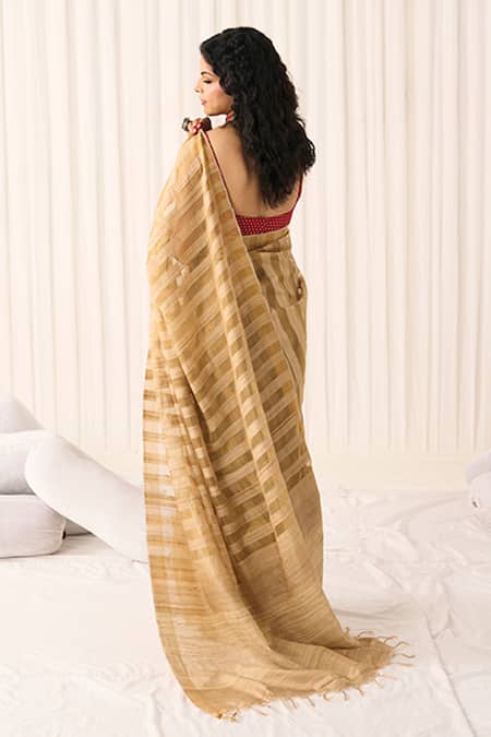 Five Point Five Hema Tussar Woven Striped Saree With Running Blouse 