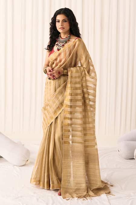 Five Point Five Hema Tussar Woven Striped Saree With Running Blouse 