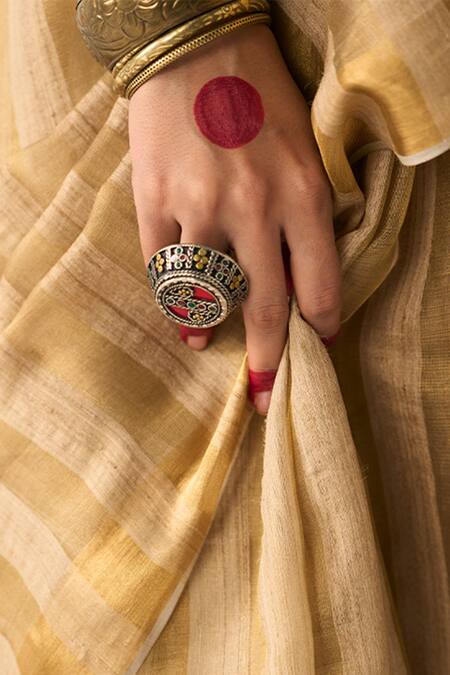 Five Point Five_Beige Tussar Hema Woven Striped Saree With Running Blouse _Online_at_Aza_Fashions