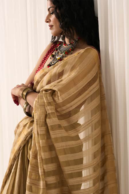 Shop_Five Point Five_Beige Tussar Hema Woven Striped Saree With Running Blouse _Online_at_Aza_Fashions