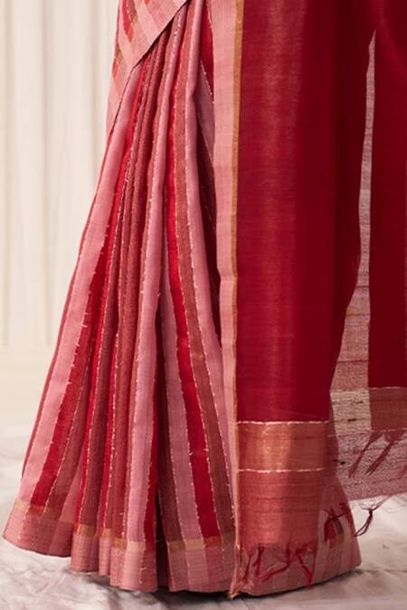 Five Point Five_Red Tussar Zari Pankti Striped Saree With Running Blouse _Online_at_Aza_Fashions