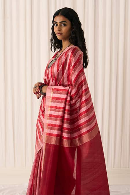 Buy_Five Point Five_Red Tussar Zari Pankti Striped Saree With Running Blouse _Online_at_Aza_Fashions