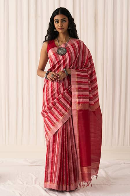 Five Point Five Pankti Striped Tussar Saree With Running Blouse 