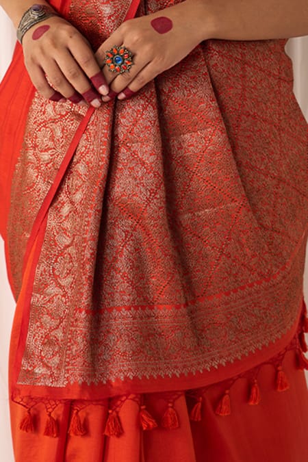 Buy_Five Point Five_Orange Silk Zari, Tassels Ruhani Woven Soft Saree With Running Blouse _Online_at_Aza_Fashions