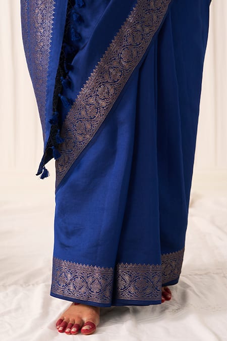 Buy_Five Point Five_Blue Silk Zari, Embroidery Ruhani Soft Saree With Running Blouse _Online_at_Aza_Fashions