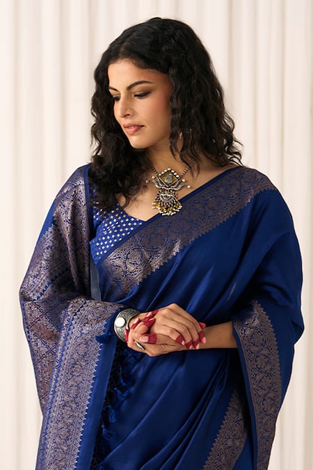 Shop_Five Point Five_Blue Silk Zari, Embroidery Ruhani Soft Saree With Running Blouse _Online_at_Aza_Fashions