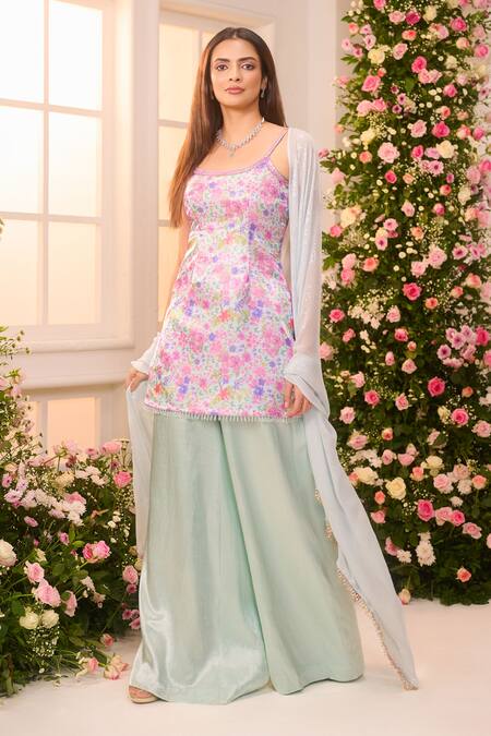 Buy_Label Priyanka Kar_Multi Color Satin Embroidery, Sequins, Lace Floral Hand Kurta Sharara Set _Online_at_Aza_Fashions