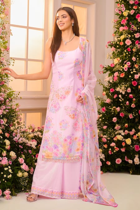 Label Priyanka Kar_Pink Satin Embroidery, Foil Printing Square Floral Pattern Kurta Sharara Set _Online_at_Aza_Fashions