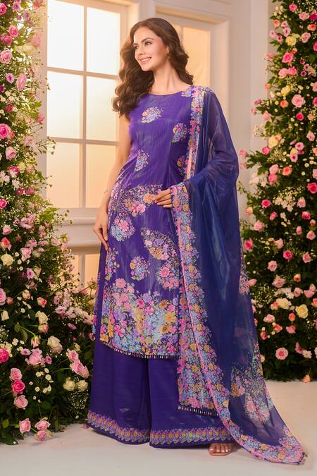 Buy_Label Priyanka Kar_Blue Satin Embroidery Round Neck Floral Pattern Kurta Sharara Set _Online_at_Aza_Fashions
