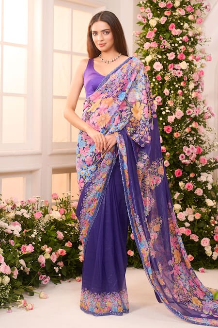 Label Priyanka Kar Floral Hand Embroidered Pre-draped Saree Set 