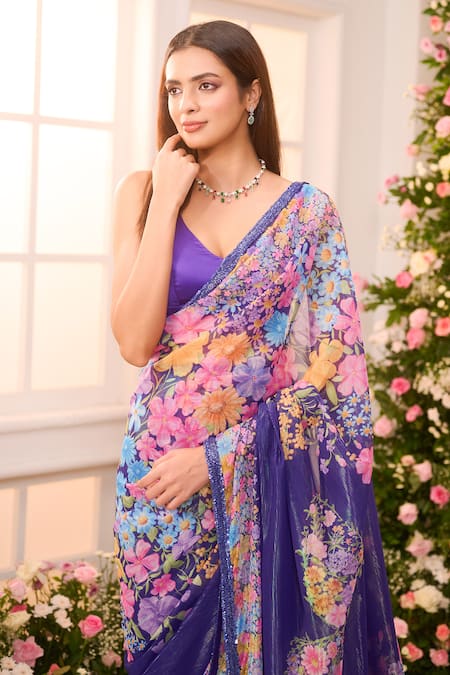 Label Priyanka Kar_Purple Satin Embroidery, Sequins V-neck, Round Floral Hand Pre-draped Saree Set _Online_at_Aza_Fashions