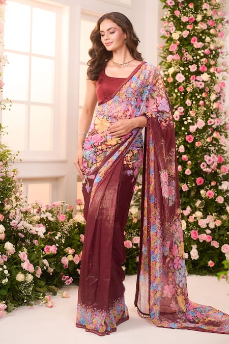 Label Priyanka Kar_Maroon Satin Round Neck Floral Printed Pre-draped Saree Set _Online_at_Aza_Fashions