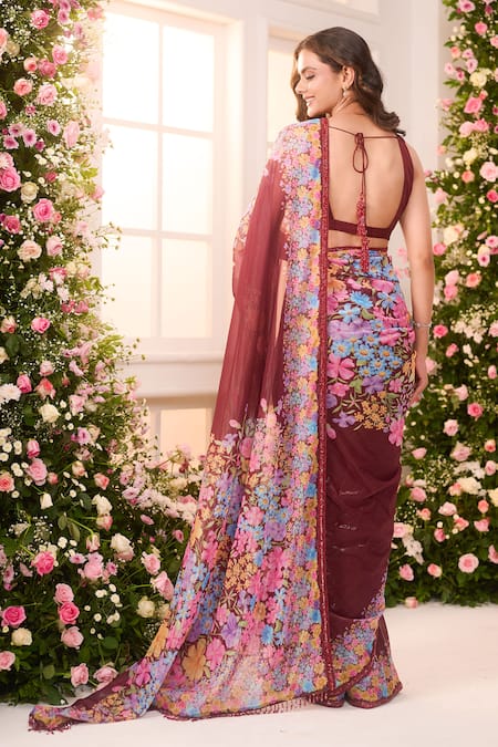 Label Priyanka Kar Floral Printed Pre-Draped Saree Set 
