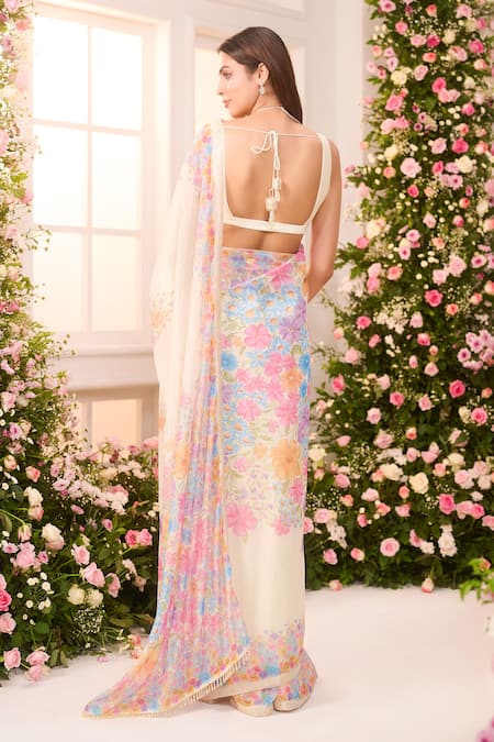 Label Priyanka Kar Floral Printed Pre-Draped Saree & Blouse Set 