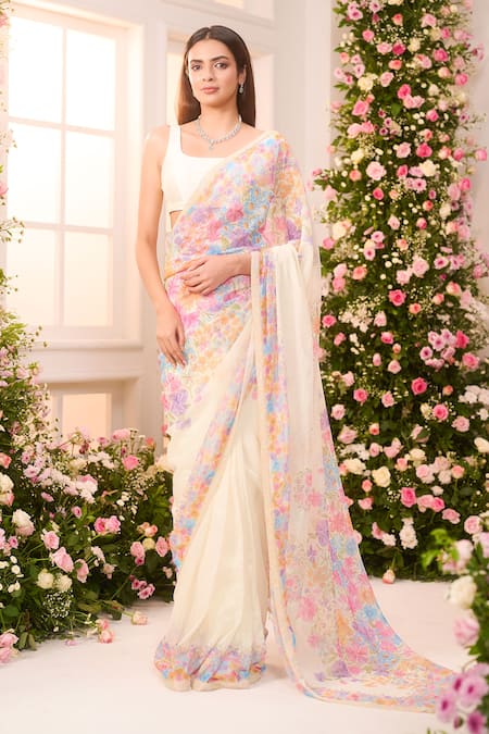 Buy_Label Priyanka Kar_Yellow Satin Round Neck Floral Printed Pre-draped Saree And Blouse Set _Online_at_Aza_Fashions