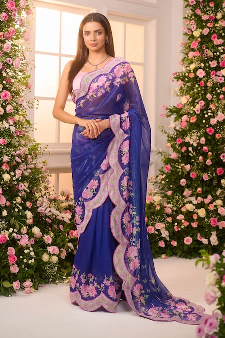 Label Priyanka Kar Pre-Draped Floral Embroidered Saree & Blouse 