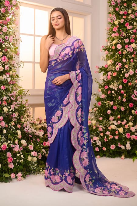 Buy_Label Priyanka Kar_Blue Satin Embroidery Sweetheart Neck Pre-draped Floral Saree And Blouse _Online_at_Aza_Fashions