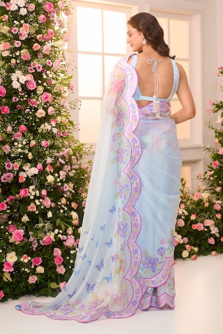 Label Priyanka Kar Printed Pre-Draped Saree Set With Scalloped Border 