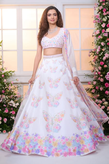 Shop_Label Priyanka Kar_White Satin Beads, Crystals, Embroidery Floral Butterfly Hand Lehenga Set _Online_at_Aza_Fashions