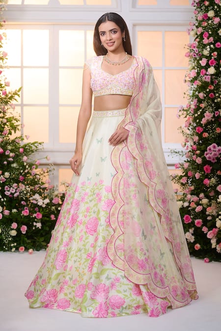 Shop_Label Priyanka Kar_Yellow Satin Beads, Crystals, Zari V-neck Floral Pattern Lehenga Set _Online_at_Aza_Fashions