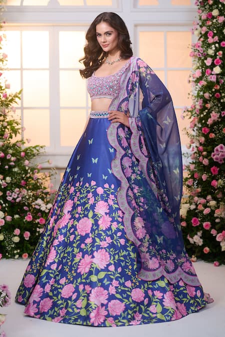 Shop_Label Priyanka Kar_Blue Satin Beads, Crystals, Embroidery Scoop Neck Floral Pattern Lehenga Set _Online_at_Aza_Fashions