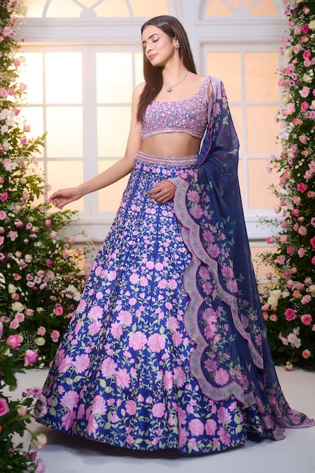 Shop_Label Priyanka Kar_Blue Satin Beads, Crystals, Embroidery, Metallic Thread Floral Hand Lehenga Set _Online_at_Aza_Fashions