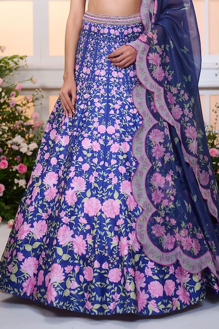 Label Priyanka Kar_Blue Satin Beads, Crystals, Embroidery, Metallic Thread Floral Hand Lehenga Set _at_Aza_Fashions