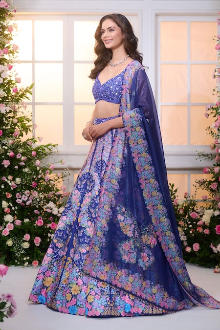Buy_Label Priyanka Kar_Blue Satin Beads, Crystals, Embroidery, Floral Patterned Hand Work Lehenga Set _Online_at_Aza_Fashions