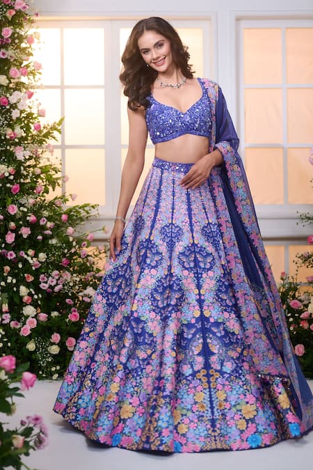 Buy_Label Priyanka Kar_Blue Satin Beads, Crystals, Embroidery, Floral Patterned Hand Work Lehenga Set 