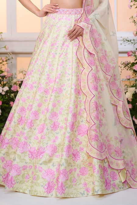 Shop_Label Priyanka Kar_Yellow Satin, Organza Beads, Crystals, Rose Floral Pattern Lehenga Set _Online_at_Aza_Fashions