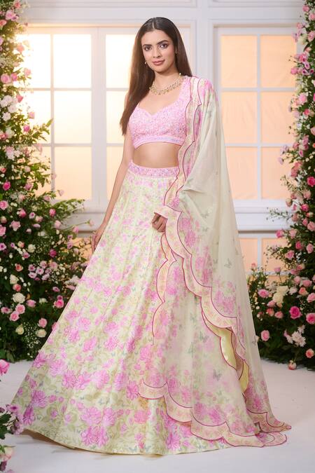 Label Priyanka Kar_Yellow Satin, Organza Beads, Crystals, Rose Floral Pattern Lehenga Set _at_Aza_Fashions