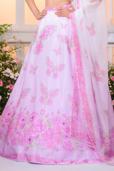 Label Priyanka Kar_Pink Satin Beads, Crystals, Fringe, Foil Printing Ombre Butterfly Lehenga Set _Online_at_Aza_Fashions