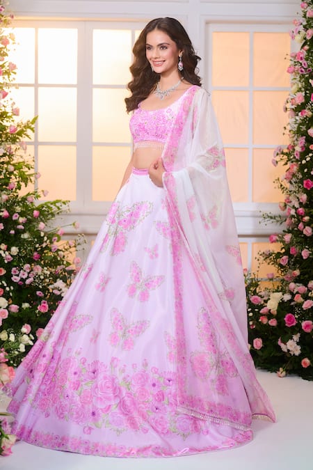 Shop_Label Priyanka Kar_Pink Satin Beads, Crystals, Fringe, Foil Printing Ombre Butterfly Lehenga Set _Online_at_Aza_Fashions