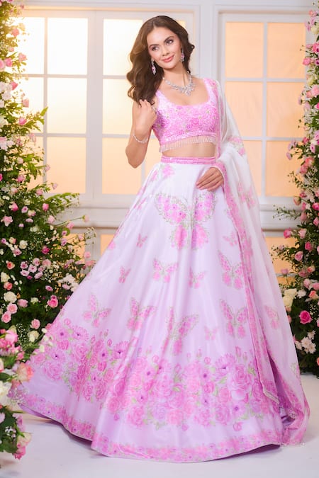 Label Priyanka Kar_Pink Satin Beads, Crystals, Fringe, Foil Printing Ombre Butterfly Lehenga Set _at_Aza_Fashions