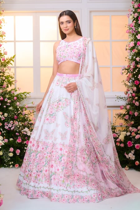 Buy_Label Priyanka Kar_White Satin Beads, Crystals, Sequins Floral And Butterfly Print Lehenga Set 