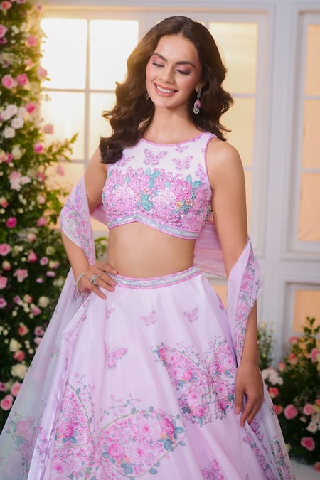 Buy_Label Priyanka Kar_Pink Satin Beads, Crystals, Sequins, Embroidery Round Floral Hand Lehenga Set _Online_at_Aza_Fashions