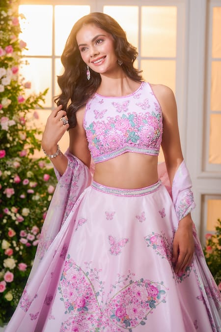 Shop_Label Priyanka Kar_Pink Satin Beads, Crystals, Sequins, Embroidery Round Floral Hand Lehenga Set _Online_at_Aza_Fashions