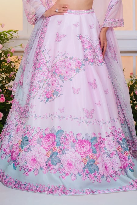 Label Priyanka Kar_Pink Satin Beads, Crystals, Sequins, Embroidery Round Floral Hand Lehenga Set _at_Aza_Fashions
