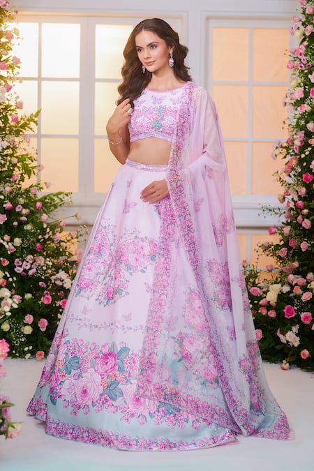 Buy_Label Priyanka Kar_Pink Satin Beads, Crystals, Sequins, Embroidery Round Floral Hand Lehenga Set 