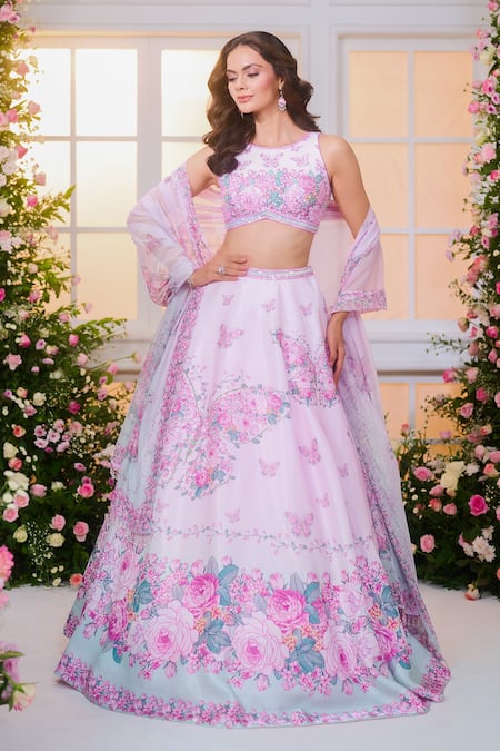 Shop_Label Priyanka Kar_Pink Satin Beads, Crystals, Sequins, Embroidery Round Floral Hand Lehenga Set 
