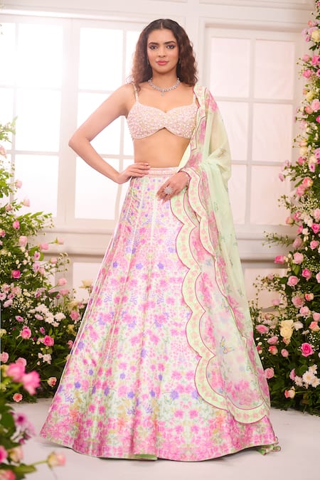 Label Priyanka Kar Pink Satin Beads, Crystals, Embroidery Ombre Garden Printed Lehenga Set 